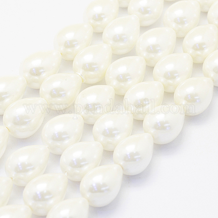 シェルパールビーズ連売り  ティアドロップ  乳白色  18x13mm  穴：1mm  約23個/連  15.7インチ（40cm）&nbsp;BSHE-P024-10-1