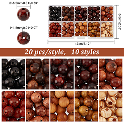 天然木ビーズセット  ラウンド  ミックスカラー  8~8.5mm  穴：1~2.5mm  20個/スタイル  10スタイル  200個/箱&nbsp;WOOD-PH0002-51