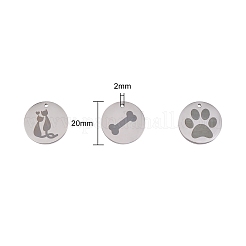 6個 3スタイル 304ステンレススチール ペットペンダント  レーザー切断  フラットラウンド  ステンレス鋼色  20mm  2個/スタイル&nbsp;FIND-SZ0001-007P