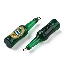 透明樹脂ペンダント  ステッカーとプラチナトーンの鉄のループ付き  ミニビール瓶  グリーン  42~44x10~11mm  穴：2mm&nbsp;X1-RESI-ZX016-14