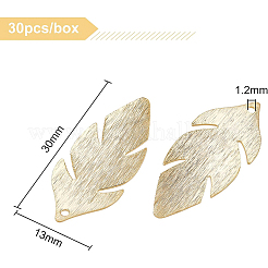 真鍮製チャーム30個  葉  24KGP本金メッキ  30x13x1mm  穴：1.2mm&nbsp;KK-BC0002-93