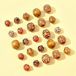 161個 8種類のプリント天然木ビーズ  バレル  ミックスカラー  10.5~16x11.5~17mm  穴：4.5~8mm&nbsp;WOOD-FS0001-52