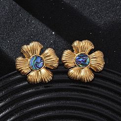 304ステンレススチール天然パウア貝スタッドピアス  花  イオンプレーティング（ip）  18KGP本金メッキ  26x25.5mm&nbsp;EJEW-Z103-12G
