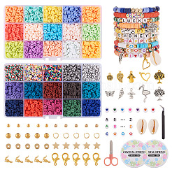 DIY プレッピー ブレスレット メイキング キット  ポリマークレイディスク、アクリルレター、プラスチックスター、天然シェルビーズを含む  ハート＆リーフ＆エンジェル＆フラミンゴ合金ペンダント  ピンセット  はさみ  ミックスカラー&nbsp;DIY-TA0008-97