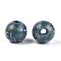 ボヘミアンスタイルのプリントされたシマウッドビーズ  ラウンド  スチールブルー  14.2~15x16~16.5mm  穴：3.7~4.3mm&nbsp;WOOD-T032-31A