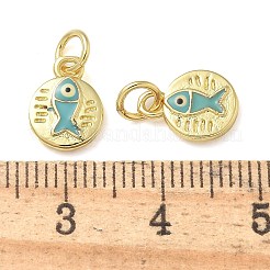 ラックメッキ真鍮エナメルチャーム  丸カン付き  長持ちメッキ  鉛フリー＆カドミウムフリー  魚のチャームが付いたフラットラウンド  18KGP本金メッキ  10.5x8x2mm  穴：3mm&nbsp;KK-K392-06G