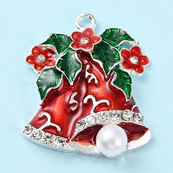 クリスマス亜鉛合金ラインストーンペンダント  エナメルとプラスチックパール  クリスマスベルのチャーム  33x29x7.2mm  穴：2mm&nbsp;PALLOY-K008-01A-P