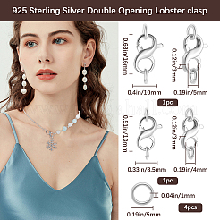2個、2つのスタイル、ロジウムメッキ、925つのスターリングシルバーのダブルオープニングロブスタークロウクラスプ  4個のオープン丸カン付き  s925スタンプあり  プラチナ  13~16x8.5~10x3mm  穴：4~5mm  1個/スタイル&nbsp;DIY-BBC0001-91