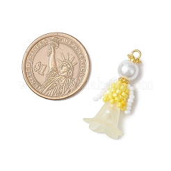 ガラスシードビーズの花の置物ペンダント  ガラスパールとアクリル  きいろ  33x18x17.5mm  穴：2.5mm&nbsp;PALLOY-MZ00686-01