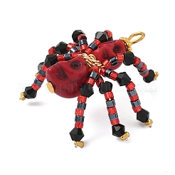 ハロウィーンをテーマにした染色された合成ターコイズとガラスシードビーズペンダント  スカルスパイダーチャーム  ミックスカラー  32x32x18mm  穴：3x2.5mm&nbsp;PALLOY-MZ00774