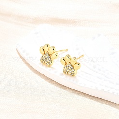 クリアキュービックジルコニア ドッグクロープリント スタッドピアス  女性のためのラックメッキ真鍮ジュエリー  カドミウムフリー＆鉛フリー  18KGP本金メッキ  9.5x10mm  ピン：0.7mm&nbsp;EJEW-C035-02G