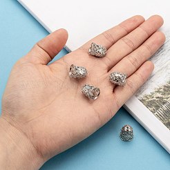 フラワーブラスコードエンド付き中空ベル  エンドキャップ  プラチナ  15x12mm  穴：2mm  内径：9mm&nbsp;KK-M168-01P