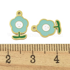 304ステンレススチールチャーム  エナメル  笑顔のチャーム付きフラワー  14KGP本金メッキ  ターコイズ  13x8x1mm  穴：1mm&nbsp;STAS-L022-435G-04