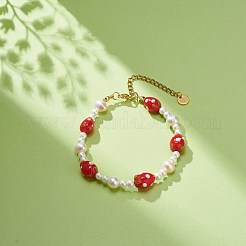 3D ランプワーク ストロベリー & シェル パール ビーズ ブレスレット 女性用  レッド  7-1/2インチ（19cm）&nbsp;BJEW-TA00174