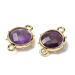 真鍮天然アメジストコネクタチャーム  フラットラウンド  多面カット  ラックめっき  14.5x10x3.5mm  穴：1.4mm&nbsp;KK-Z096-01G-03