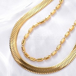 304ステンレススチールマルチ連ブレスレット  女性のための二重層オーバル ビーズ & ヘリンボーン チェーン ブレスレット  ゴールドカラー  6-5/8インチ（16.7cm）&nbsp;X-BJEW-I304-02G