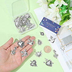 36pcs9スタイルチベットスタイルアロイペンダント  ハートチャーム  アンティークシルバー  混合図形  21~44.5x14~33x1.5~5.5mm  穴：1.2~3mm  4個/スタイル&nbsp;FIND-SC0021-23