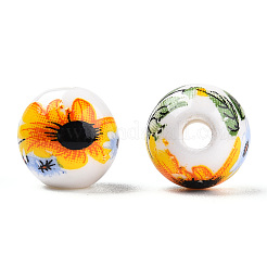 花柄プリントの磁器ビーズ  花柄のセラミック製丸ビーズ、ひまわり模様入り  ホワイト  10mm  穴：2mm&nbsp;PORC-E021-01C