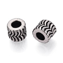 304ステンレス鋼のテクスチャヨーロッパスタイルの大きな穴ビーズ  コラム  アンティークシルバー  7.5x9mm  穴：4~4.5mm&nbsp;STAS-T072-98AS