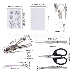 DIYジュエリーキット  熱収縮シートフィルム付き  合金ハンドヘルドパンチャー  ステンレスピンセット  鉄製分割キーホルダー、ピアスフック、はさみ、コードループモバイルストラップ  プラチナ＆ステンレス鋼色  29x20x0.2cm&nbsp;DIY-NB0003-02