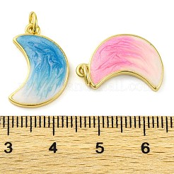 真鍮製エナメルペンダント  カドミウムフリー＆鉛フリー  グリッターとジャンプリング付き  長持ちメッキ  18KGP本金メッキ  ムーンチャーム  ミックスカラー  19x13x2.5mm  穴：3.5mm&nbsp;KK-S401-08G