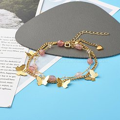 女の子の女性のために設定された天然イチゴクォーツビーズアンクレット  バタフライチャームアンクレット  8-7/8インチ（22.5cm）  9-1/8インチ（23cm）  2個/セット&nbsp;AJEW-AN00450-03