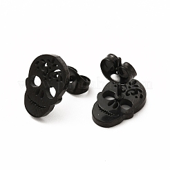 ハロウィーンの頭蓋骨と花 304 ステンレススチール製スタッドピアス（女性用）  電気泳動黒  12x8mm  ピン：0.7mm&nbsp;EJEW-B019-05EB