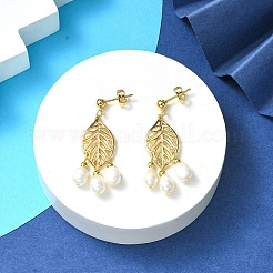 天然パールシャンデリアピアス  合金リーフロングドロップイヤリング  ゴールドカラー  42.5x16mm&nbsp;EJEW-TA00383