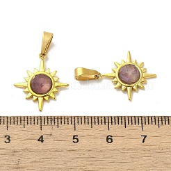 天然アメジストのファセット加工太陽ペンダント  ゴールドトーンの304ステンレススチールチャーム  19x17x4mm  穴：6x3mm&nbsp;STAS-P361-02G-02