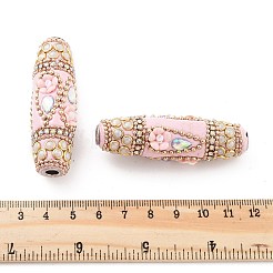 手作りのインドネシアビーズ  鉄と  樹脂とガラス  花の付いた長い楕円形  ホワイト  60x20mm  穴：4.8mm&nbsp;FIND-Q106-05A