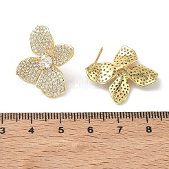 四つ葉の真鍮とクリアキュービックジルコニアのスタッドピアス  女性用花柄イヤリング  18KGP本金メッキ  26.5x23.5mm&nbsp;KK-CBA36A2-08G