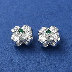 真鍮マイクロパヴェライムグリーンキュービックジルコニアビーズ  カドミウムフリー＆ニッケルフリー＆鉛フリー  花  925銀メッキ  8x8x3.5mm  穴：1mm&nbsp;KK-P256-11S