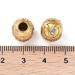 イオンプレーティング(IP) 304 ステンレス ラインストーン ヨーロピアン ビーズ  丸い大きな穴ビーズ  18KGP本金メッキ  文字でのラウンド  V字  11x10mm  穴：4mm&nbsp;STAS-A092-10V-G