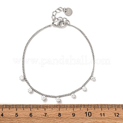 304ステンレススチールチャームブレスレット  女性用カーブチェーンブレスレット  フラットラウンド  キュービックジルコニア付き  ステンレス鋼色  透明  6-1/2インチ（16.5cm）&nbsp;LS-BJEW-A047-02P