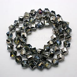 半メッキクリスタルガラスキューブビーズ  多面カット  プラチナメッキ  10~11x10~11x10~11mm  穴：1mm&nbsp;X-EGLA-F023-D01