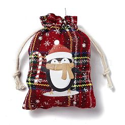 クリスマステーマの長方形ジュートバッグ、ジュートコード付き  タータンチェック巾着ポーチ  ギフト包装用  レッド  ペンギン  13.8~14x9.7~10.3x0.07~0.4cm&nbsp;LS-ABAG-E006-01C