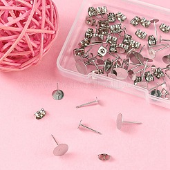 40個 4サイズ 304ステンレススチールスタッドピアス金具  フラットラウンドイヤリングのセッティング  40個のイヤーナット付き  ステンレス鋼色  12x4~8mm  ピン：0.6~0.8mm  10pcs /サイズ&nbsp;STAS-YW0001-56