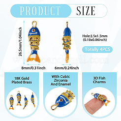 ラックメッキ真鍮チャーム  キュービックジルコニアエナメル  魚のチャーム  長持ちメッキ  鉛フリー＆カドミウムフリー  18KGP本金メッキ  ダークブルー  26.5x8x6mm  穴：2.5x1.5mm  4pc&nbsp;KK-TA0008-56B-02