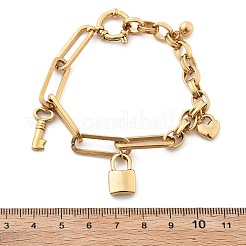 304ステンレススチールペーパークリップ＆ローロチェーンチャームブレスレット（女性用）  ハートと鍵とハート型の鍵  18KGP本金メッキ  7-7/8インチ（20cm）&nbsp;BJEW-C089-03G