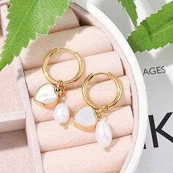 304ステンレススチール＆天然パール＆天然シェルフープピアス  ハート  イオンプレーティング（ip）  ゴールドカラー  31.5mm&nbsp;EJEW-M070-14G