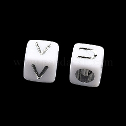頭文字アクリル横穴ビーズ  キューブ  ホワイト  6x6x6mm  穴：3.5mm&nbsp;OACR-CC0001-02B