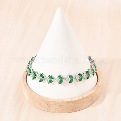 プラチナトーン真鍮マイクロパヴェキュービックジルコニアテニスブレスレット  女性用リンクブレスレット  葉  ガラスと時計バンドの留め金付き  長持ちメッキ  グリーン  8-3/4x3/8インチ（22.3x1cm）&nbsp;BJEW-B160-09P
