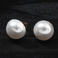 304ステンレススチールプラスチック模造真珠スタッドピアス  イオンプレーティング（ip）  ゴールドカラー  半円  12mm&nbsp;EJEW-R030-01G-02