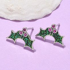真鍮製マイクロパヴェキュービックジルコニアスタッドピアス  エナメルとパレット付き  ラックめっき  長持ちメッキ  鉛フリー＆カドミウムフリー  ヒイラギの葉  プラチナ  10x16mm&nbsp;EJEW-Q015-08P