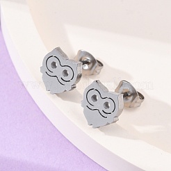 変色しにくい304ステンレススチールスタッドピアス  低刺激性のイヤリング  ピアスキャッチ/ピアスバックキャッチ付き  フクロウ  ステンレス鋼色  8.5x7.8mm  ピン：0.8mm&nbsp;X-EJEW-F227-17P