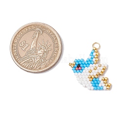 ガラスシードビーズペンダント  ステンレス製のパーツと  鳥  ブルー  21x24x2mm  穴：3mm&nbsp;PALLOY-MZ00595