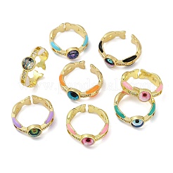 女性用真鍮マイクロパヴェクリアキュービックジルコニアエナメルカフリング  カドミウムフリー＆ニッケルフリー＆鉛フリー  目でフラットラウンド  18KGP本金メッキ  ミックスカラー  内径: 調節可能&nbsp;RJEW-L113-023G