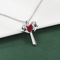 女性用真鍮キュービックジルコニアウィングクロスペンダントネックレス  レッド  15.83インチ（40.2cm）&nbsp;NJEW-C067-07P-01