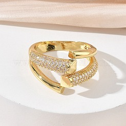 女性用真鍮マイクロパヴェキュービックジルコニアカフオープンリング  長持ちメッキ  ラックめっき  18KGP本金メッキ  透明  18mm  usサイズ8 1/2(18.5mm)&nbsp;RJEW-L343-12G-01