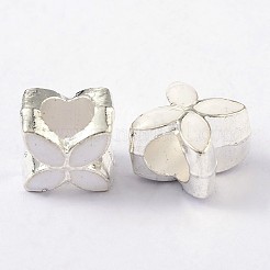 合金エナメルヨーロピアンビーズ  大穴ビーズ  花  銀色のメッキ  ホワイト  10x10x8mm  穴：5mm&nbsp;MPDL-R006-06